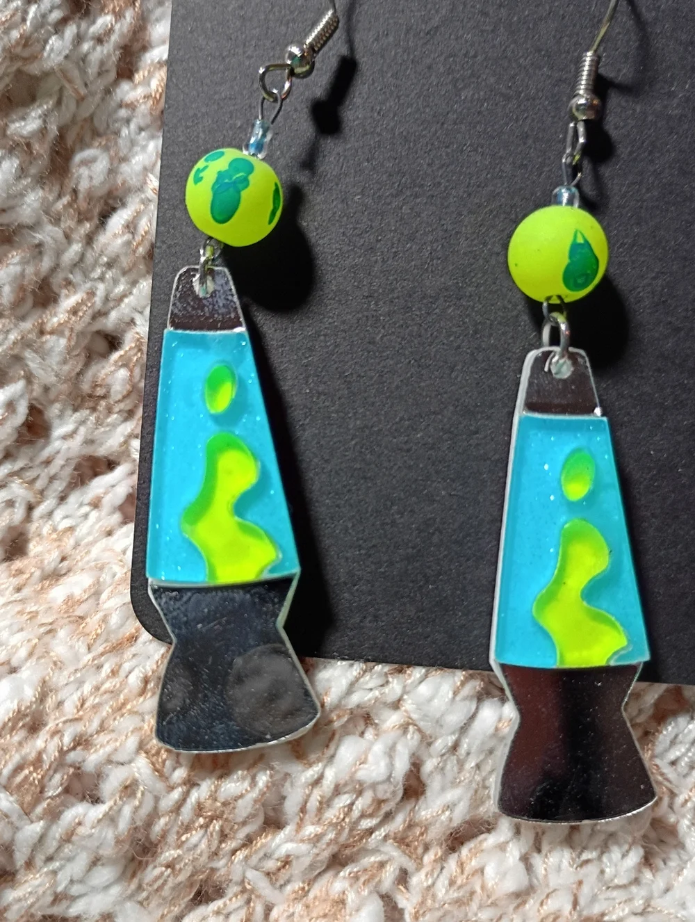 Neon Yellow Blue Glitter Lava Lamp Glow Blacklight Earrings Mirror Acrylic Retro